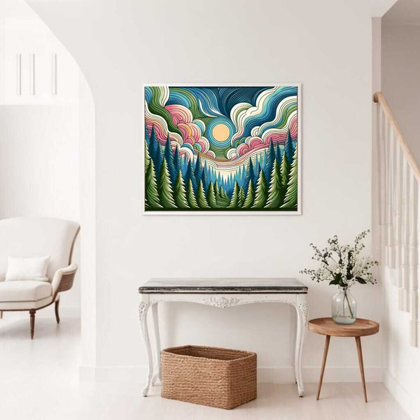 Gemälde "Waldesruhe" an einer weißen Wand, abstrakte Tannen und Himmelslandschaft in Blau-, Grün- und Rosatönen, moderner Stil, Wohnzimmer.