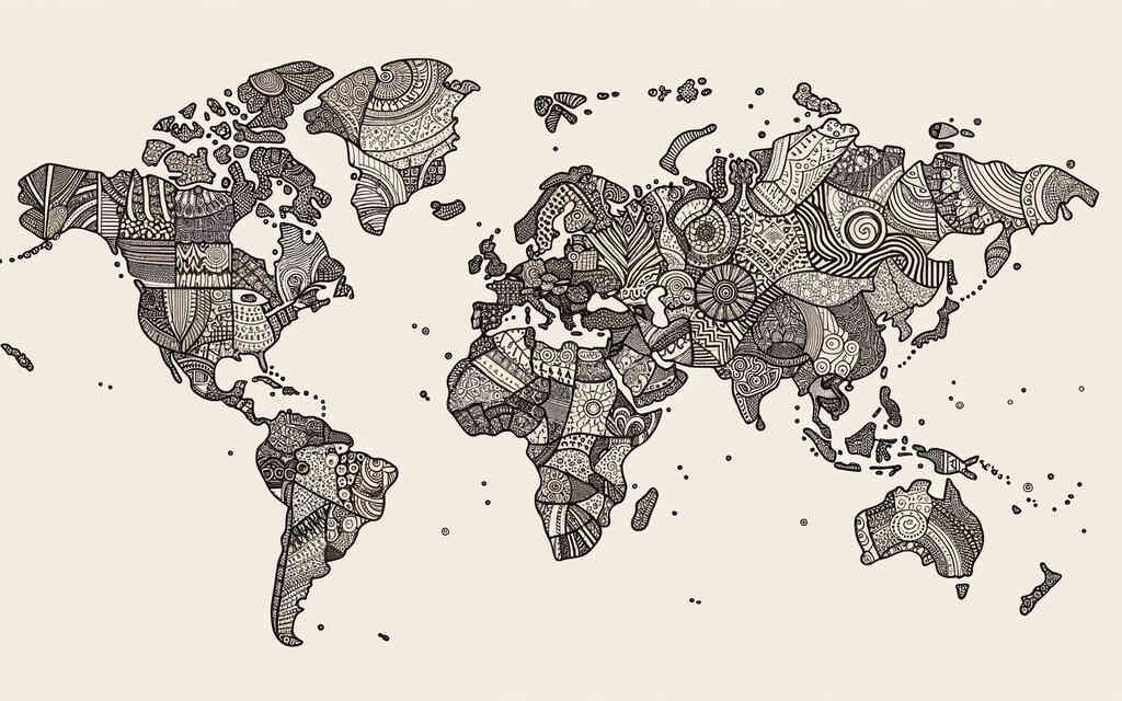 Monochrome Weltkarte mit verschlungenen Mustern, künstlerische Wandkunst "Welt der Muster" zeigt Kontinente in elegantem Mosaik-Design