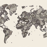 Monochrome Weltkarte mit verschlungenen Mustern, künstlerische Wandkunst 