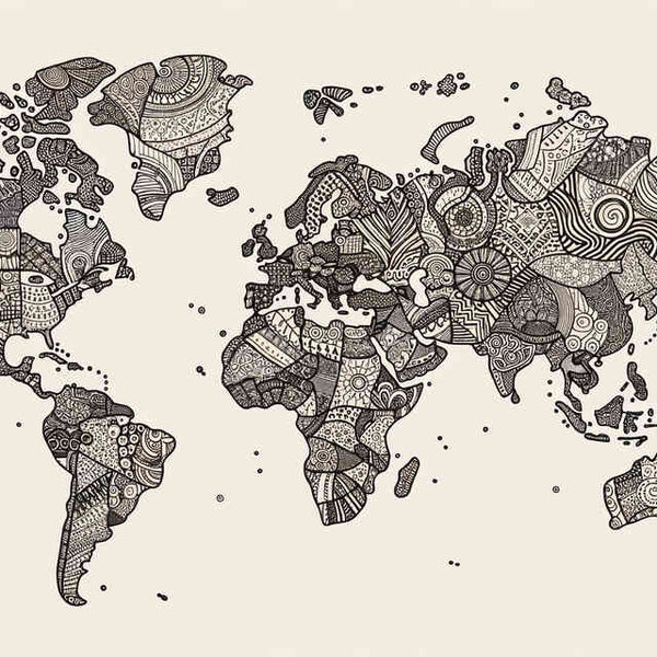 Monochrome Weltkarte mit verschlungenen Mustern, künstlerische Wandkunst "Welt der Muster" zeigt Kontinente in elegantem Mosaik-Design