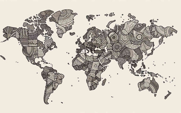 Monochrome Weltkarte mit verschlungenen Mustern, künstlerische Wandkunst 