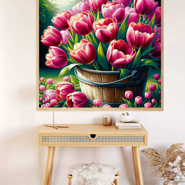 Malen nach Zahlen - Rosa Tulpenstrauß im Eimer