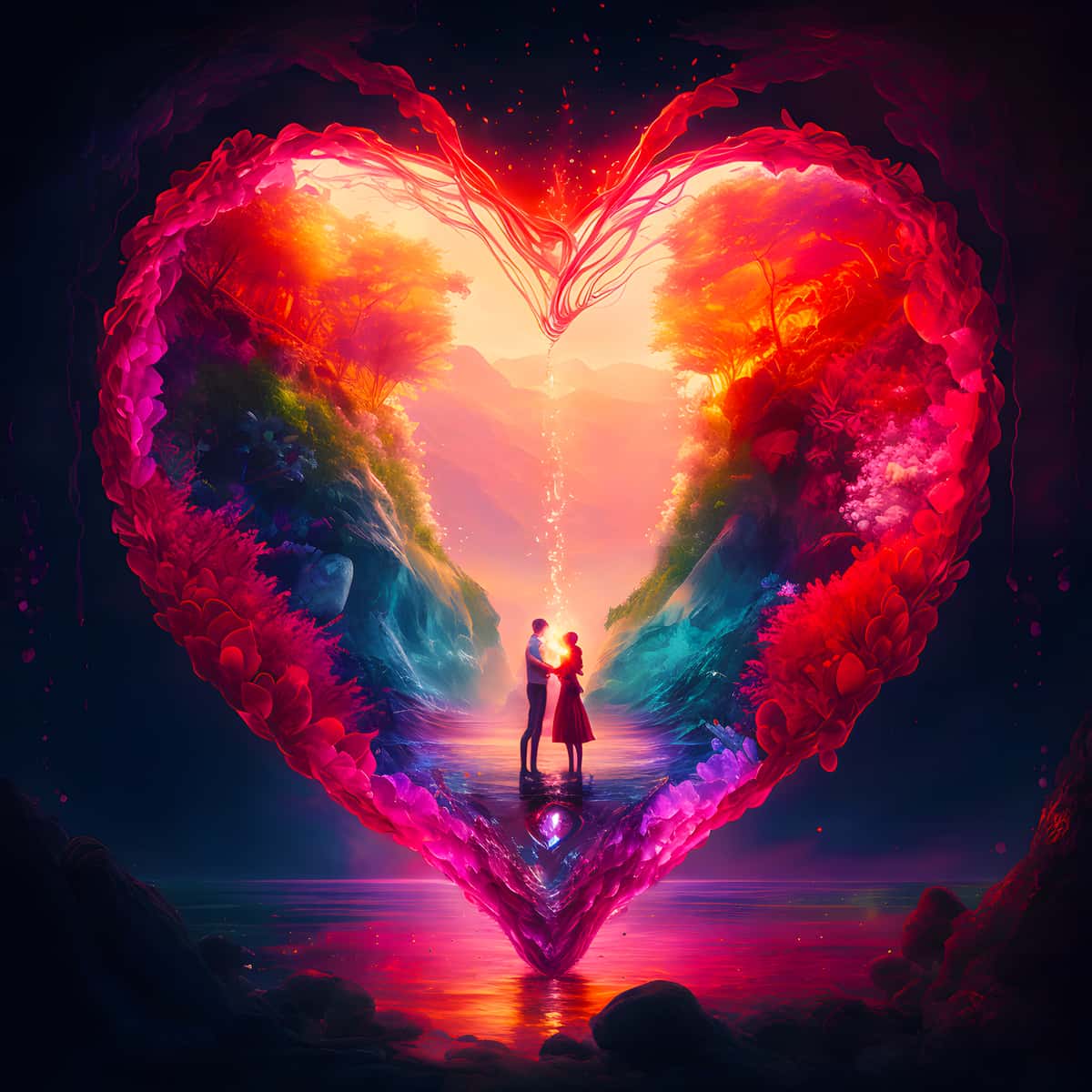 Diamond Painting - Herzpärchen Nacht: Ein Paar in einem leuchtenden Herz aus lebhaften Farben und funkelnden Diamanten, umgeben von traumhafter Natur