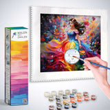 Malen nach Zahlen - Farbenrausch der Sinne featuring a colorful painting of a woman, paintbrush, and numbered paint pots.