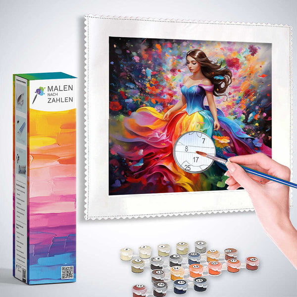Malen nach Zahlen - Farbenrausch der Sinne featuring a colorful painting of a woman, paintbrush, and numbered paint pots.