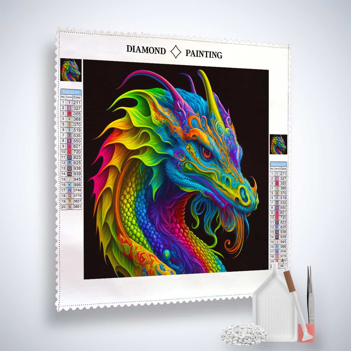 Diamond Painting Kit - Drachentanz with colorful dragon design, acrylic diamonds, tweezers, setzstift and flächensetzer included