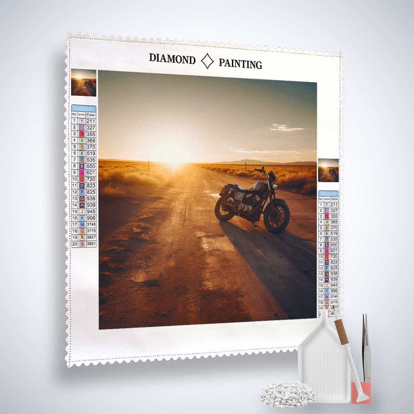 Diamond Painting Kit with a motorcycle on a sunlit desert road, including acrylic diamonds, canvas, tweezers, and setting tools.