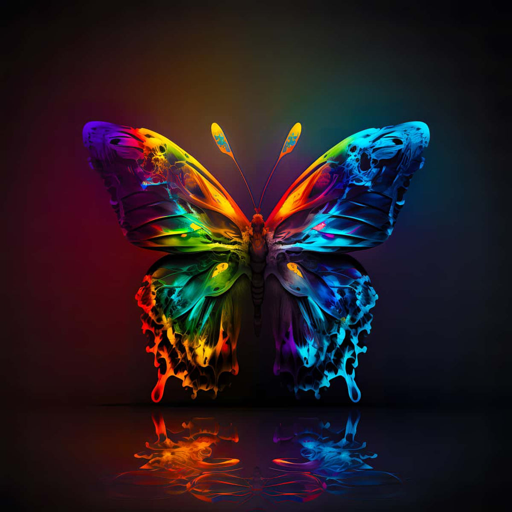 AB Diamond Painting Schmetterling reflekt - Multicolored butterfly on dark background, vibrant and artistic diamond painting kit.