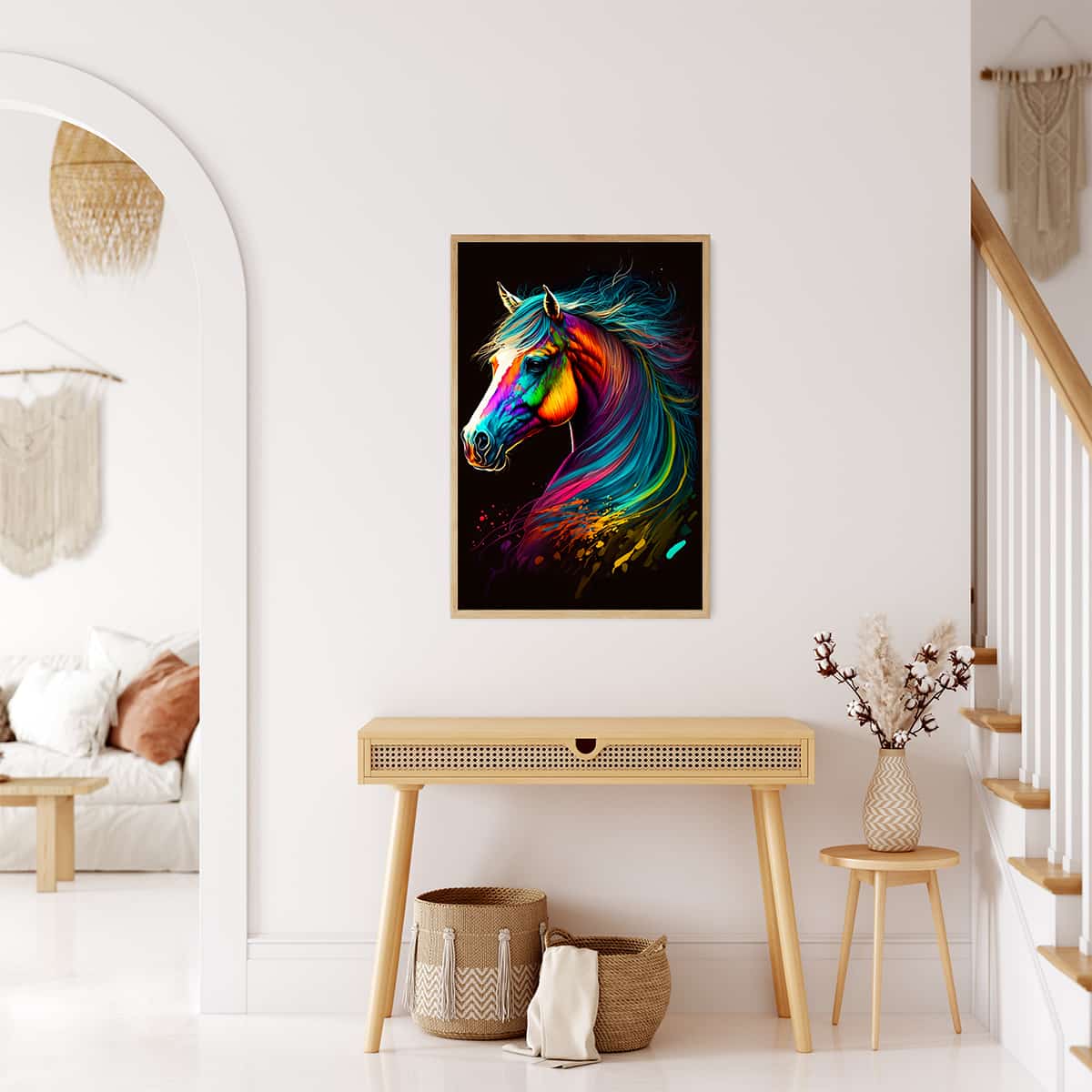 Colorful side portrait of a horse displayed on a modern wall with natural decor elements.