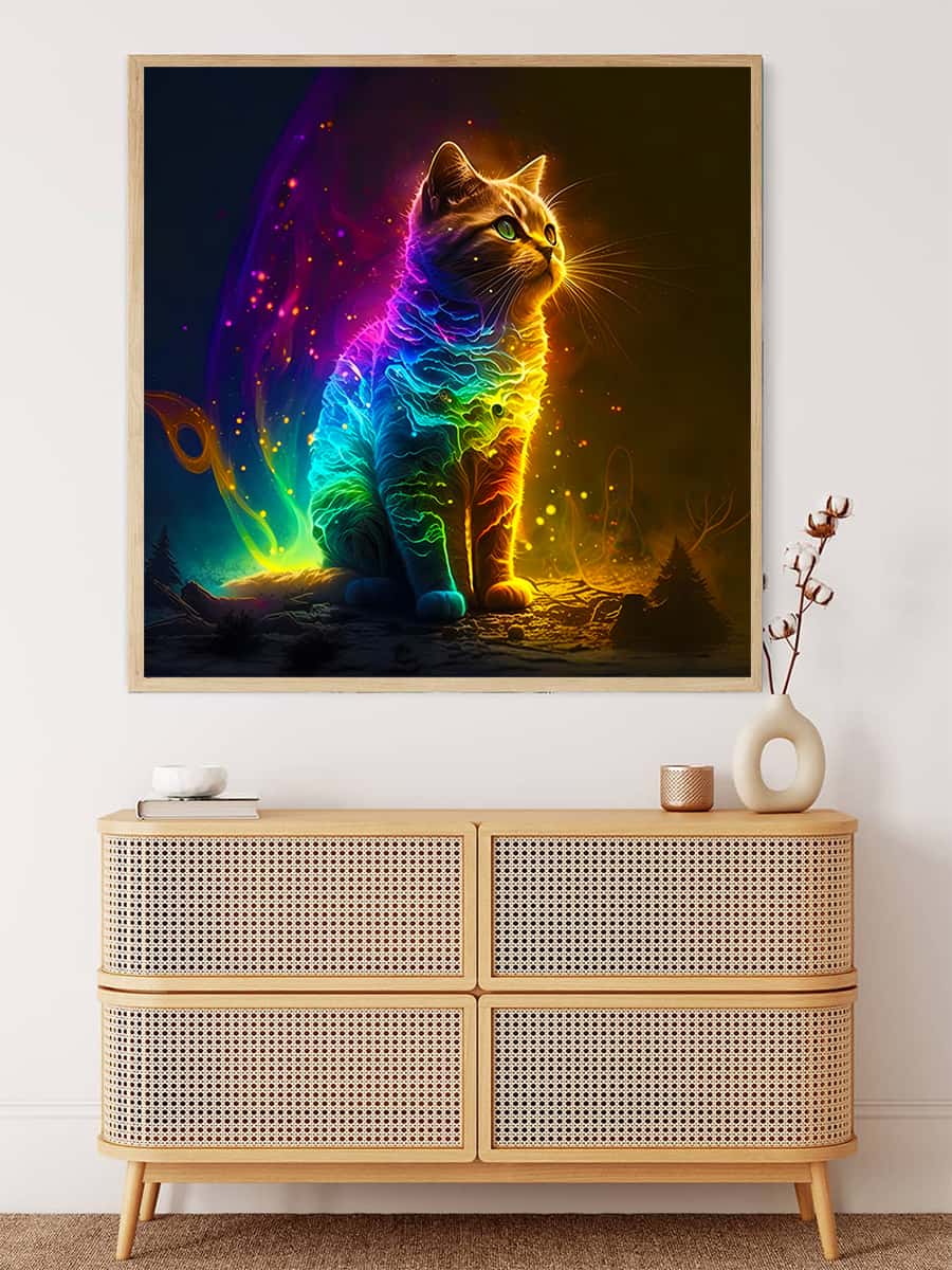 Neon Katze im Weltall - Malen nach Zahlen Set über Sideboard mit modernen Design.