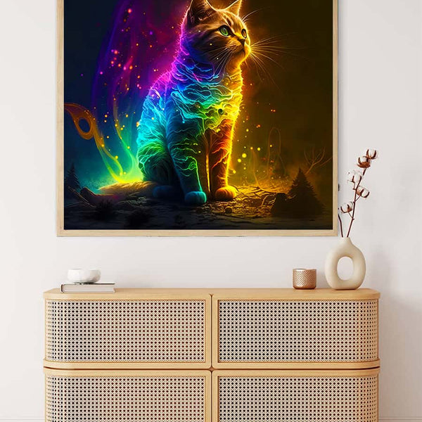 Neon Katze im Weltall - Malen nach Zahlen Set über Sideboard mit modernen Design.
