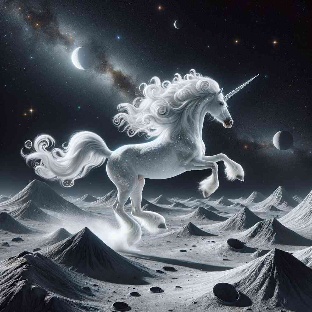 Mystical unicorn emerging in moonlit night with outer space backdrop, surrounded by lunar landscape and distant planets.