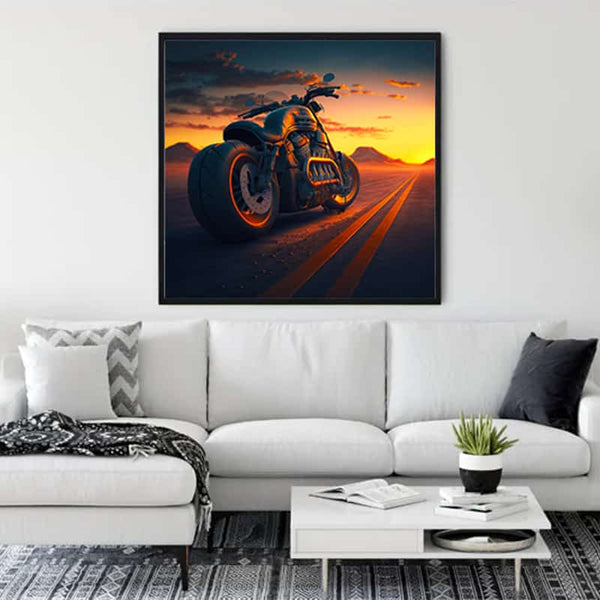 Painting titled "Classic Cruiser" on a white wall above a modern sofa, featuring a motorcycle at sunset.
