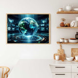Malen nach Zahlen - Zukunftsvision: Erwachen der digitalen Erde, schwebende Erdkugel über digitaler Ebene in Neonblau im Cyber-Stil