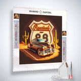 Diamond Painting Kit Vergangene Zeiten an der Route 66 Kunstwerk mit Auto und Kakteen auf Profi-Leinwand mit Zubehör.
