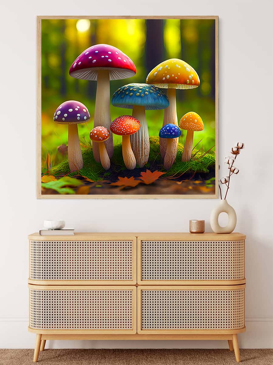 Painting by numbers kit featuring colorful rainbow mushrooms in a forest displayed above a modern wicker cabinet.