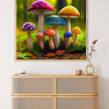Painting by numbers kit featuring colorful rainbow mushrooms in a forest displayed above a modern wicker cabinet.