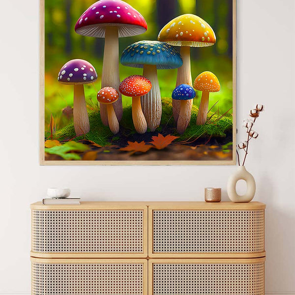 Painting by numbers kit featuring colorful rainbow mushrooms in a forest displayed above a modern wicker cabinet.