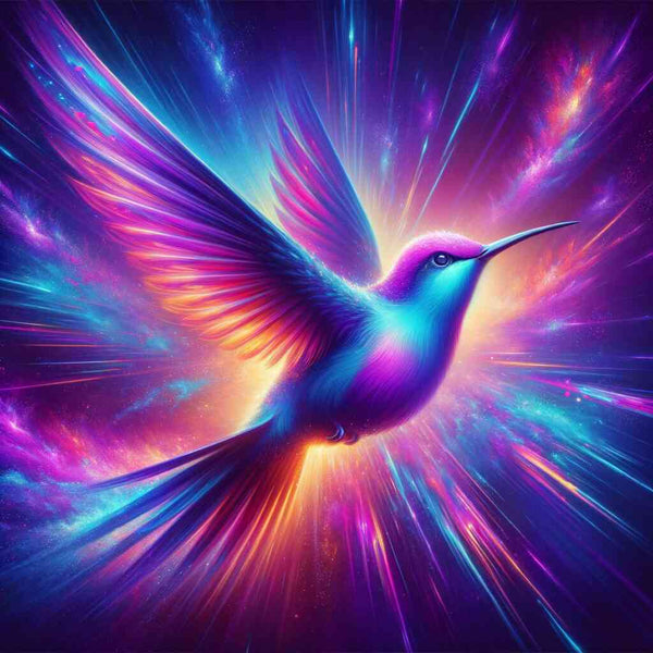 Vibrant diamond painting of a hummingbird, Kolibri, with stunning purples, blues, pinks, and violets in a mix of realism and fantasy.