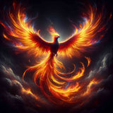 Majestic phoenix with fiery red, orange, and yellow feathers spreads its wings surrounded by a dark, ethereal sky in diamond painting.