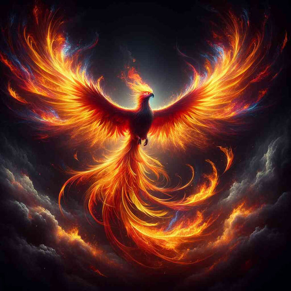 Majestic phoenix with fiery red, orange, and yellow feathers spreads its wings surrounded by a dark, ethereal sky in diamond painting.