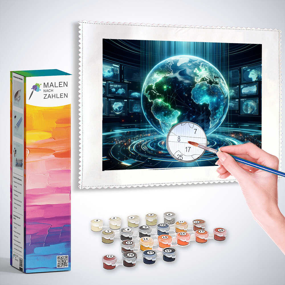 "Malen nach Zahlen - Erwachen der digitalen Erde Kit mit schwebender Erdkugel und Neonlichtern, komplett mit Farben und Pinseln"