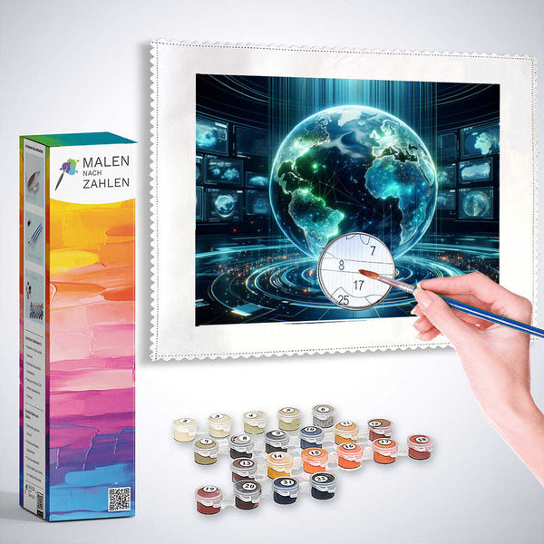 "Malen nach Zahlen - Erwachen der digitalen Erde Kit mit schwebender Erdkugel und Neonlichtern, komplett mit Farben und Pinseln"