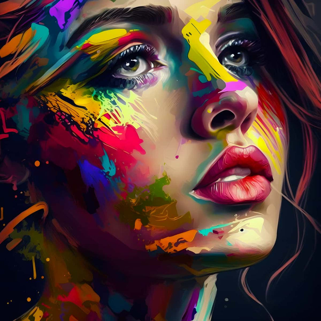 Portrait of a woman with colorful paint splashes on her face from a paint by numbers set.