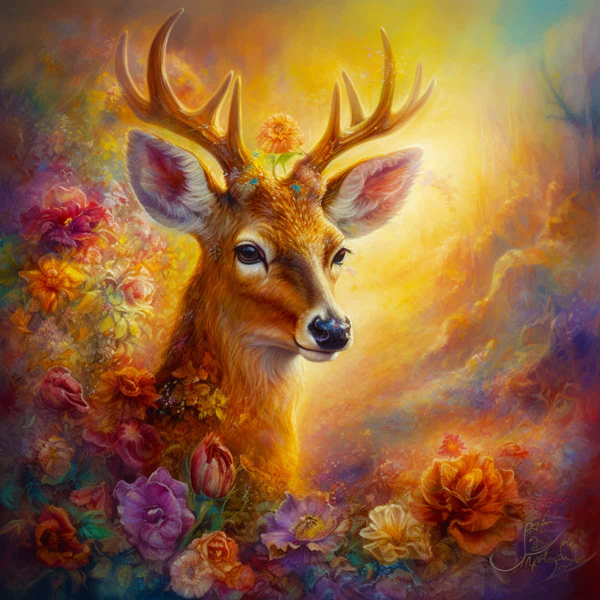 Diamond Painting - Waldträume featuring a majestic deer surrounded by vibrant, colorful flowers and bathed in golden light.