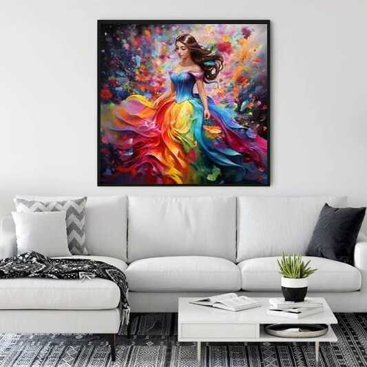 Stunning painting of a woman in a rainbow dress on a living room wall, created for stress relief and relaxing atmosphere.