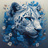 Painting by numbers of a snow leopard surrounded by blue flowers and greenery, showcasing intricate details and relaxing artistic expression.