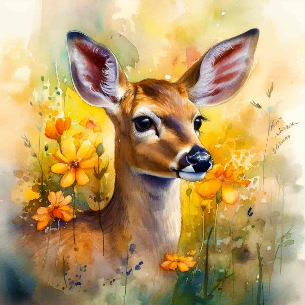 Diamond painting of a deer surrounded by vibrant yellow and orange flowers, perfect for an enchanting and sparkling art experience.