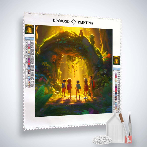 Diamond Painting Kit Kinderentdecker - Sparkling Art Kit for Kids Featuring Adventurous Forest Scene with Five Children