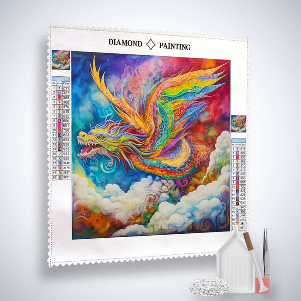 Diamond Painting Kit with colorful dragon motif, complete with professional canvas, acrylic diamonds, artist tweezers, and set-up tools.