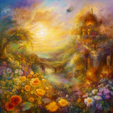Diamond Painting Kunstwerk - Sonnenstrahlen im Laub mit farbenfrohen Blumen und einem märchenhaften Schloss