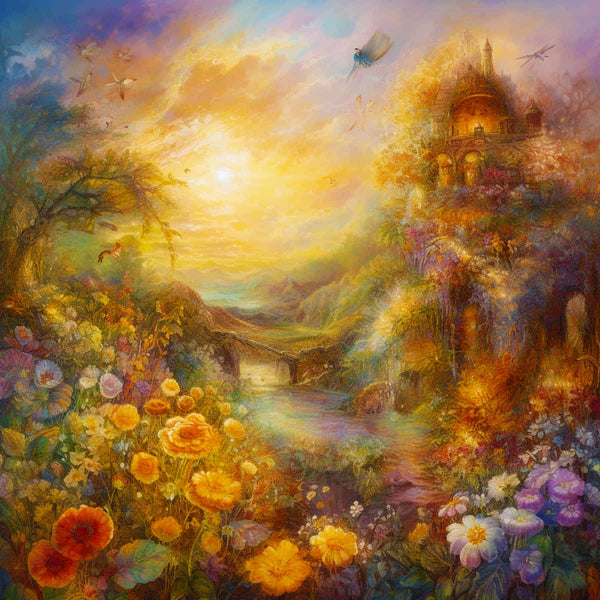 Diamond Painting Kunstwerk - Sonnenstrahlen im Laub mit farbenfrohen Blumen und einem märchenhaften Schloss