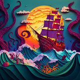 Diamond painting kit with a ship on rough seas, featuring a vibrant sunset and swirling waves in an intricate paper art style.