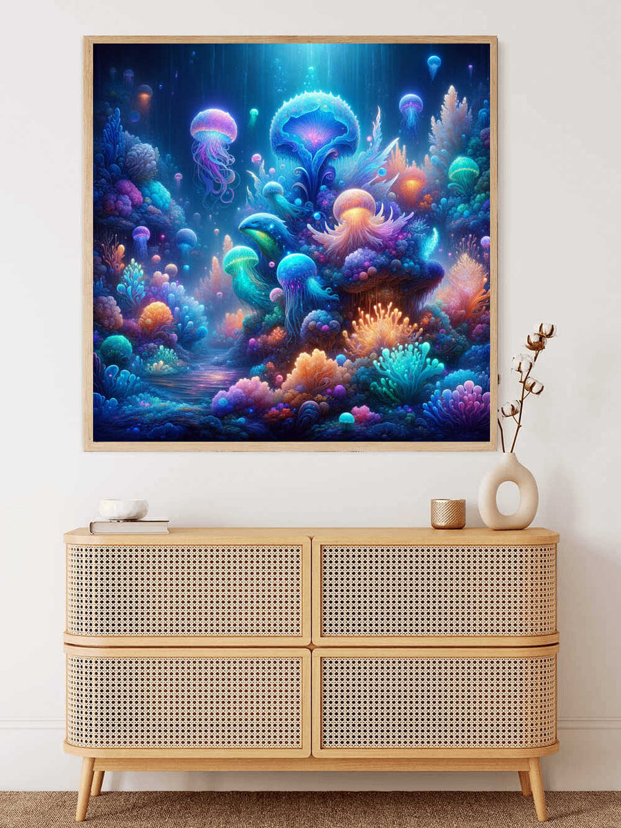 Framed "Malen nach Zahlen - Geheimnisvolle Tiefsee" painting showing a vibrant and colorful underwater scene with jellyfish and coral, displayed above a wooden dresser.