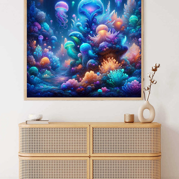 Framed "Malen nach Zahlen - Geheimnisvolle Tiefsee" painting showing a vibrant and colorful underwater scene with jellyfish and coral, displayed above a wooden dresser.