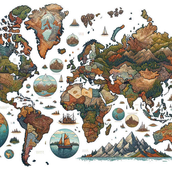 Malen nach Zahlen - Welt der Fantasie Weltkarte mit mythologischen Szenen und farbenfrohen Kontinenten aus warmen Erdtönen und tiefen Blautönen