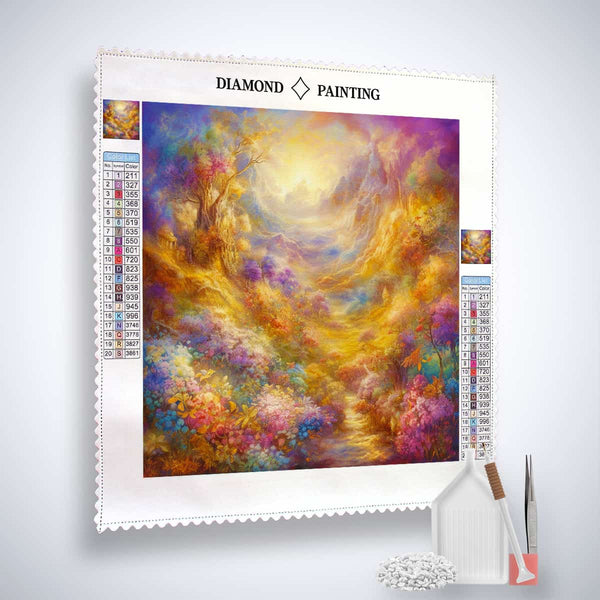 Diamond Painting Kit "Spaziergang im Wald" showcasing colorful forest scene with tools included