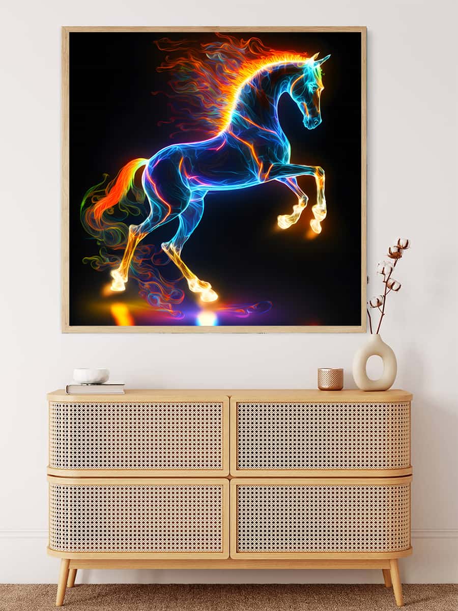 Illuminated horse painting with vibrant colors on a canvas above a rattan dresser and subtle decor.