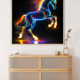 Illuminated horse painting with vibrant colors on a canvas above a rattan dresser and subtle decor.