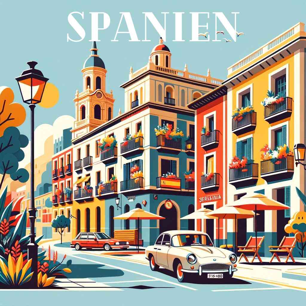 Painting by numbers of a vibrant Mediterranean street scene with colorful buildings, classic cars, and a "Spanien" sign