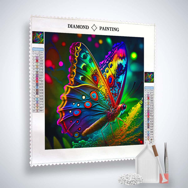 AB Diamond Painting Kit - Strahlender Schmetterling featuring a colorful butterfly with tools and diamonds included.