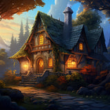 Mystisches Haus in einer malerischen Abendlandschaft mit leuchtenden Fenstern, umgeben von Bäumen und Natur, ideal für Malen nach Zahlen