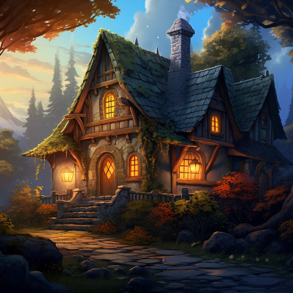Mystisches Haus in einer malerischen Abendlandschaft mit leuchtenden Fenstern, umgeben von Bäumen und Natur, ideal für Malen nach Zahlen