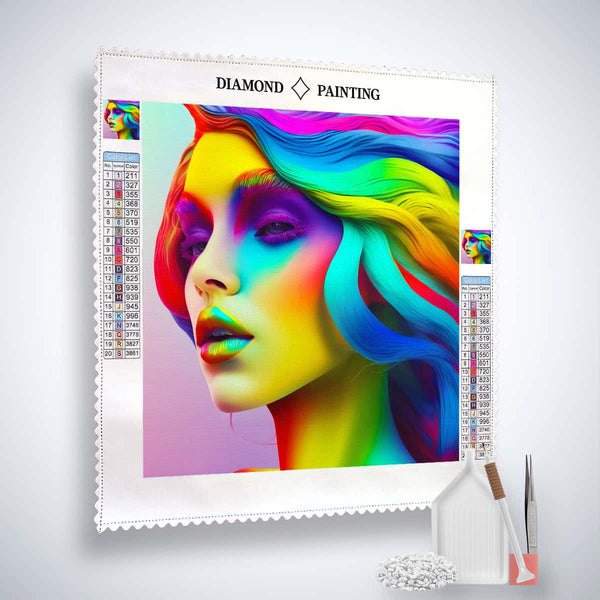 AB Diamond Painting Bunte Frau komplett - fully equipped diamond painting kit with canvas, acrylic diamonds, artist tweezer, and setting tool.