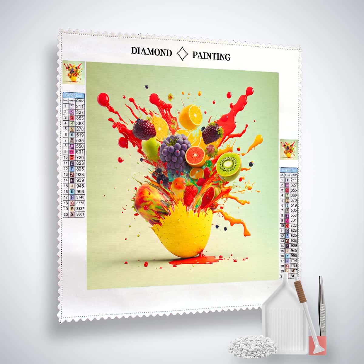 AB Diamond Painting kit "Fruchtexplosion Destroy" featuring a colorful fruit explosion design with included tools and acrylic diamonds.