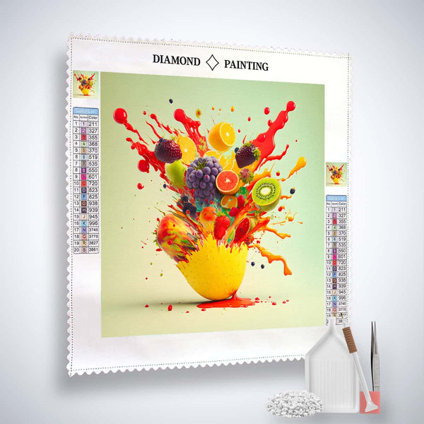 AB Diamond Painting kit "Fruchtexplosion Destroy" featuring a colorful fruit explosion design with included tools and acrylic diamonds.